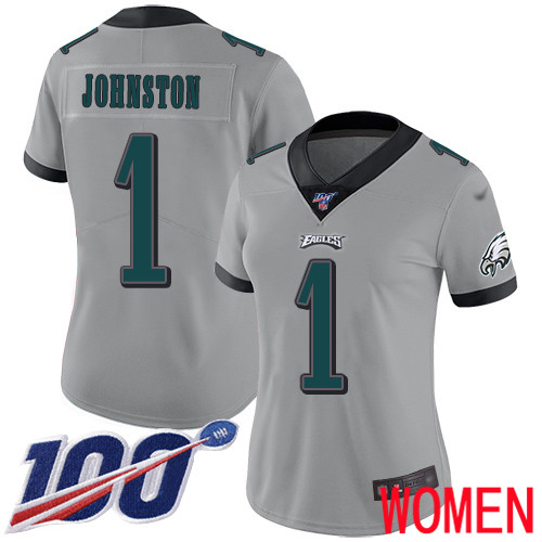 Women Philadelphia Eagles #1 Cameron Johnston Limited Silver Inverted Legend NFL Jersey 100th Season
